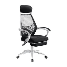 Black mesh office chair with headrest, lumbar support, and white base for ergonomic comfort