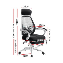 Black mesh office chair with white base, dimensions shown, ergonomic design for home or work