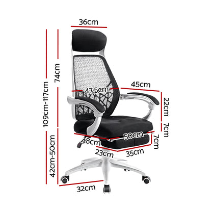 Black mesh office chair with white base, dimensions shown, ergonomic design for home or work