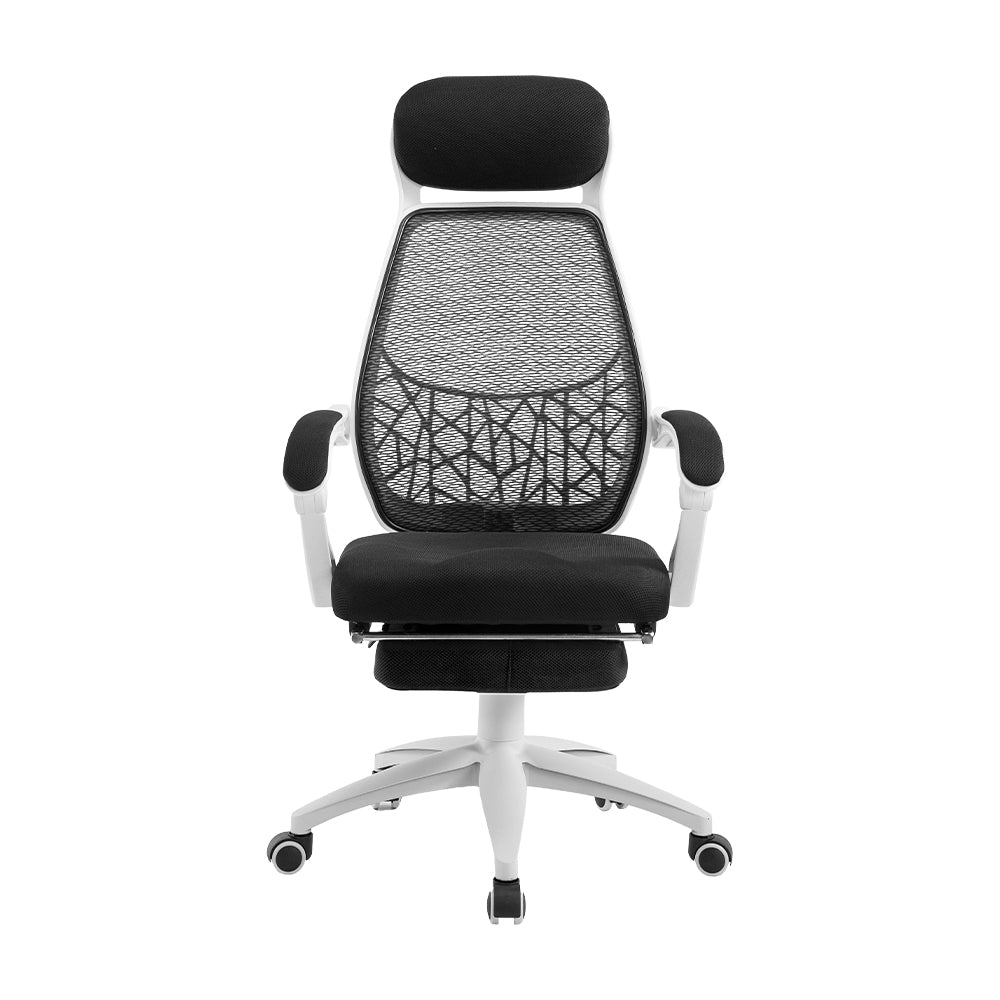 Black mesh office chair with white frame, headrest, and footrest for ergonomic desk seating