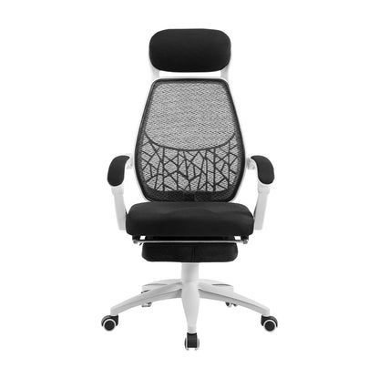 Black mesh office chair with white frame, headrest, and footrest for ergonomic desk seating
