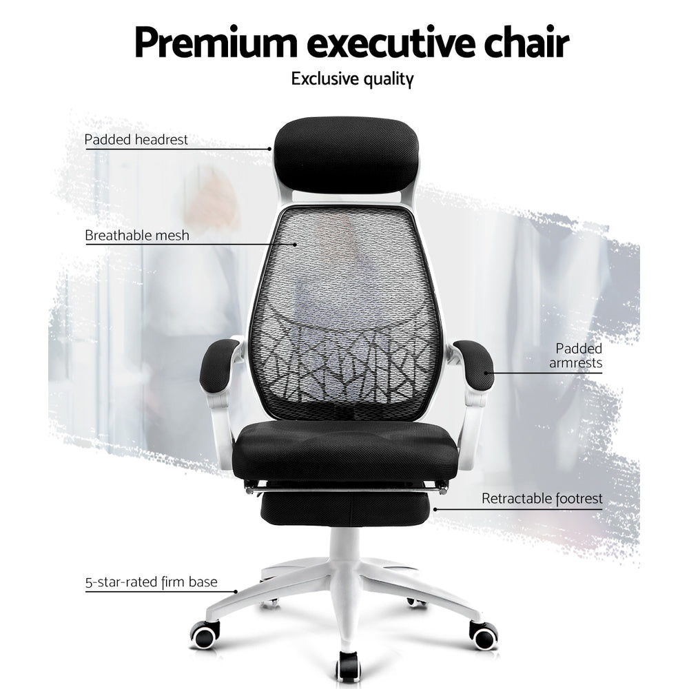 Premium executive office chair with breathable mesh, padded headrest, armrests, retractable footrest, and 5-star base