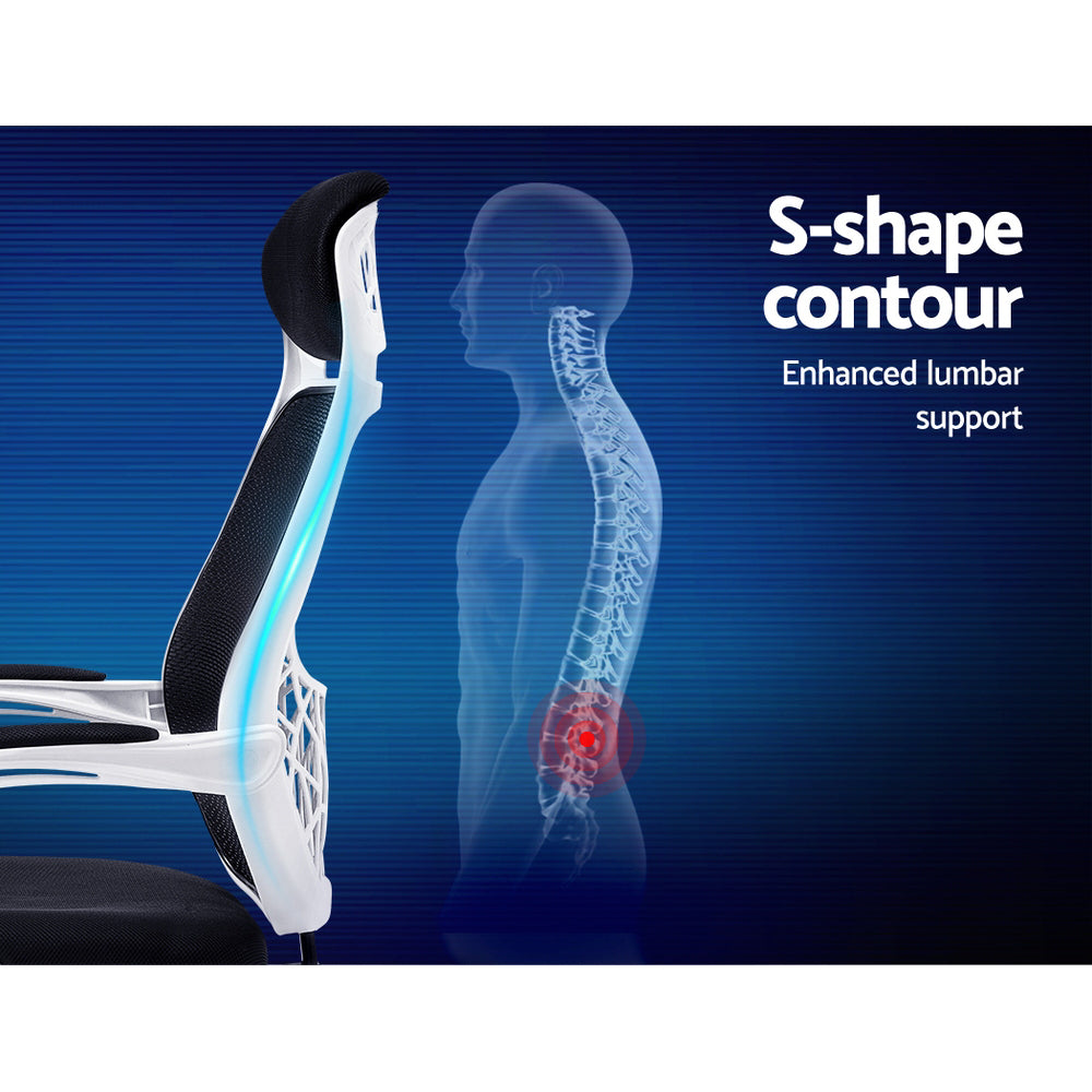 Ergonomic office chair with S-shape contour for enhanced lumbar support, shown with spine alignment graphic