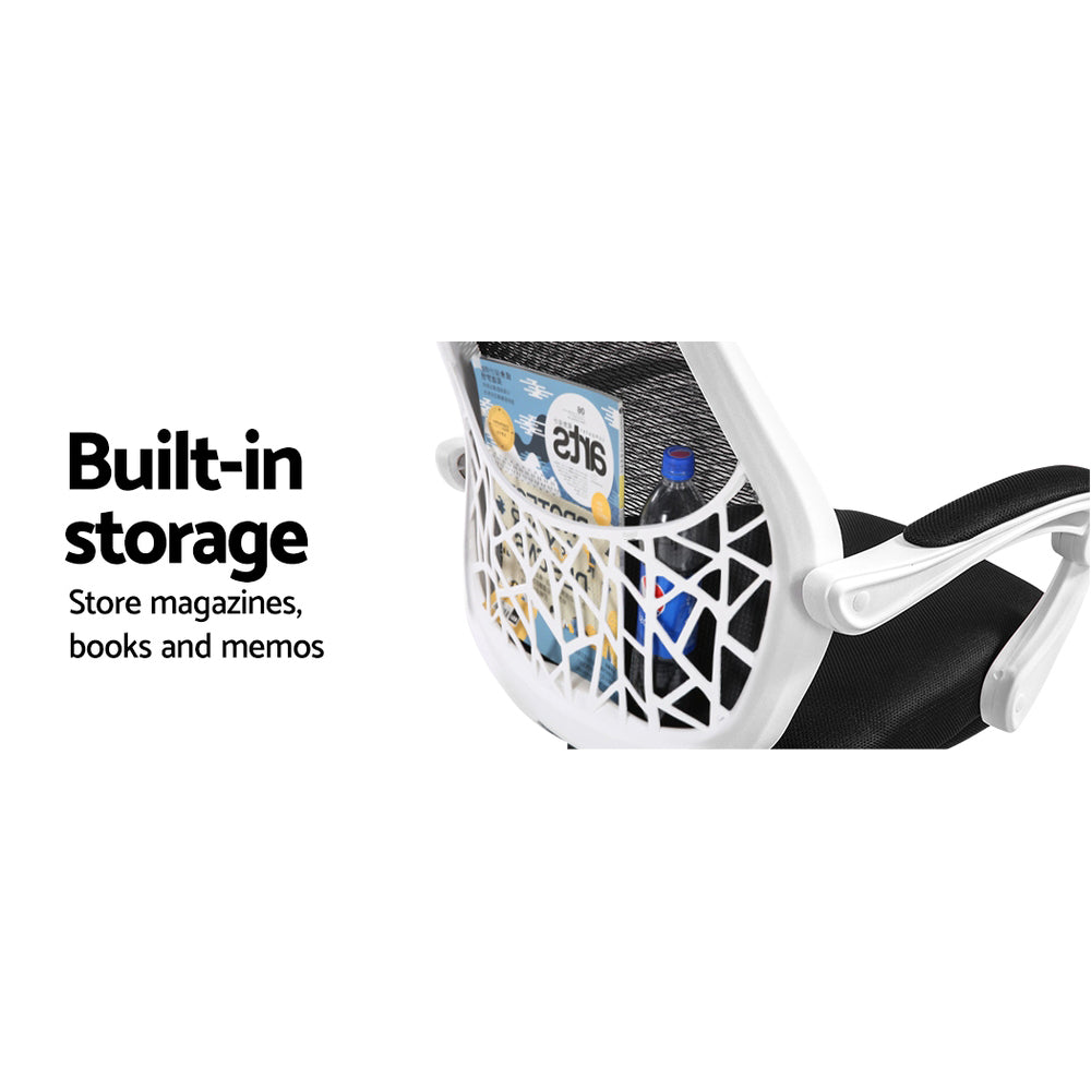 Office chair with built-in mesh storage pocket holding magazines, books, and water bottle