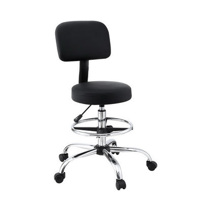 Black adjustable office stool with chrome base and casters for ergonomic workspace comfort