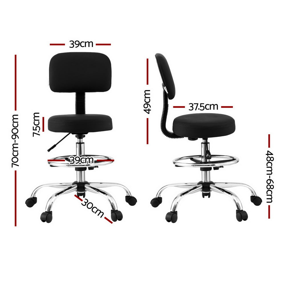 Black adjustable drafting stool with chrome base, 39cm seat, height 70-90cm, ideal for office or workshop use