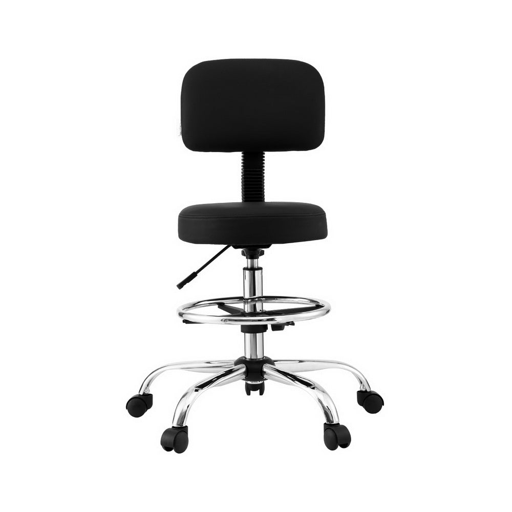 Black adjustable office stool with chrome base, footrest, and casters for ergonomic seating