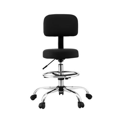 Black adjustable office stool with chrome base, footrest, and casters for ergonomic seating