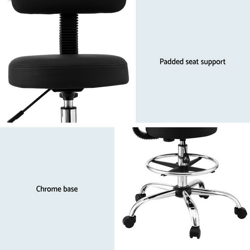 Black ergonomic stool with padded seat, chrome base, and casters for office or workshop use