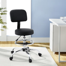 Black office stool with chrome base and wheels, ideal for desk or workshop use