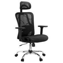 Black mesh office chair with headrest, adjustable arms, and chrome base for ergonomic desk seating