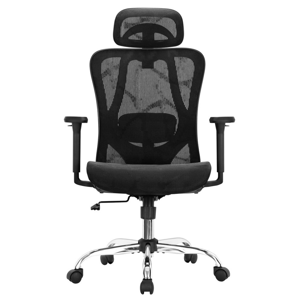 Black mesh office chair with headrest, lumbar support, and chrome base for ergonomic comfort