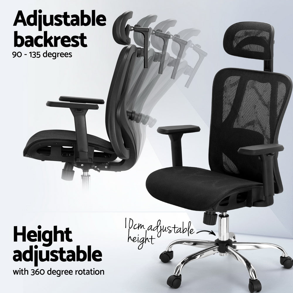 Black ergonomic office chair with adjustable backrest, height, and 360° swivel base for comfort