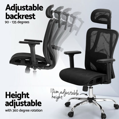 Black ergonomic office chair with adjustable backrest, height, and 360° swivel base for comfort