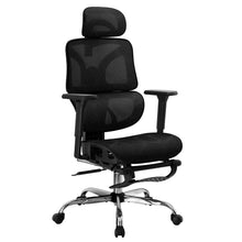 Black ergonomic office chair with mesh back, headrest, and chrome base for comfortable work support