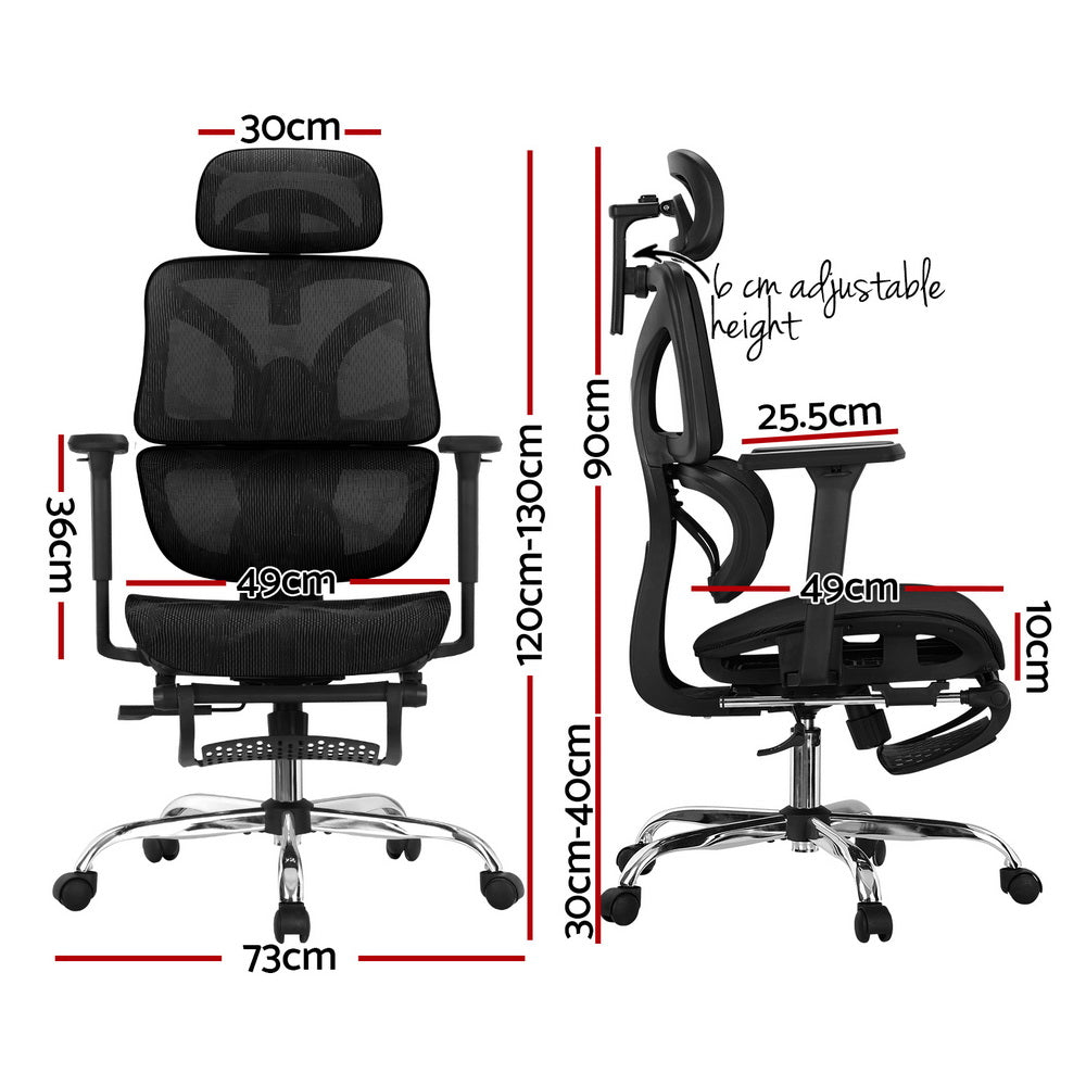 Black ergonomic office chair with adjustable height, mesh back, and dimensions shown for home or work use.