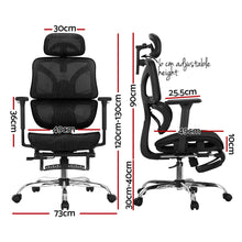 Black ergonomic office chair with adjustable height, mesh back, and dimensions shown for home or work use.