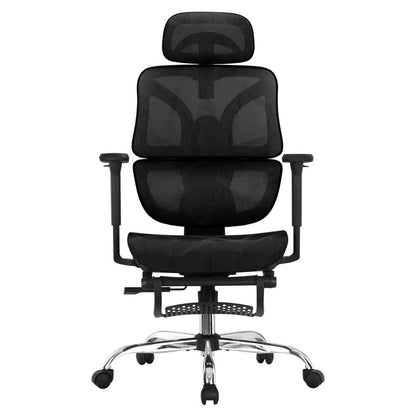 Black ergonomic mesh office chair with headrest, lumbar support, and chrome base for home or workspace comfort
