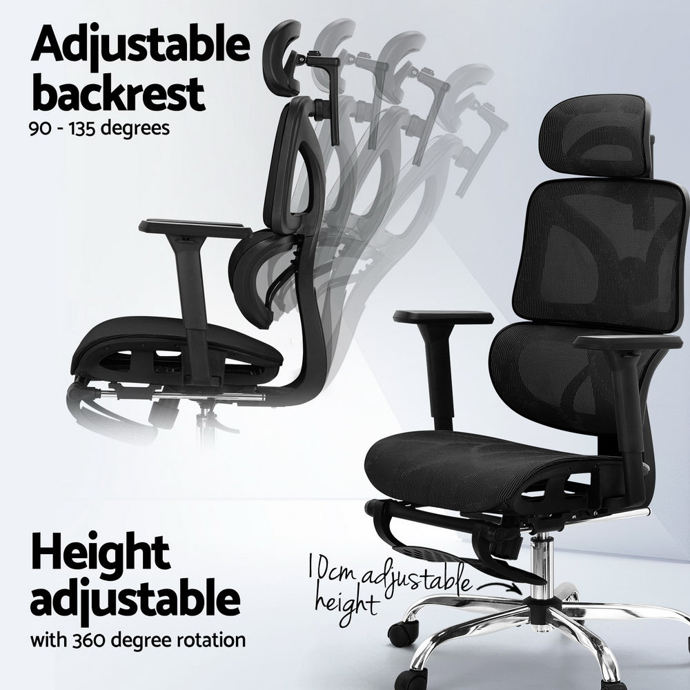 Black ergonomic office chair with adjustable backrest 90-135°, height adjustable, 360° rotation, mesh design