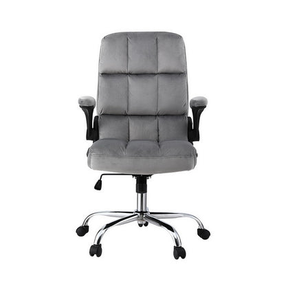 Gray padded office chair with chrome base and wheels, ergonomic design for desk use