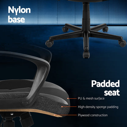 Ergonomic office chair with padded seat, nylon base, and PU mesh surface for comfort