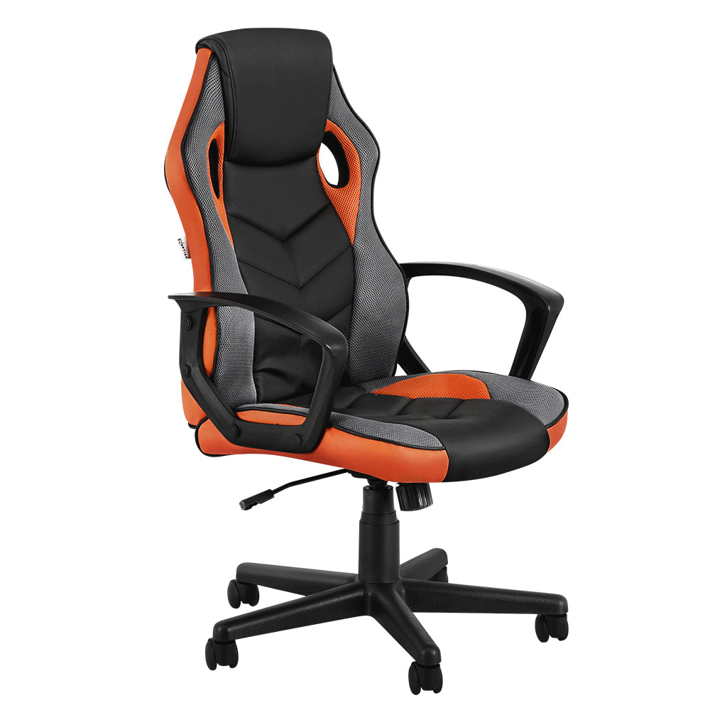 Black and orange gaming office chair with mesh back, adjustable armrests, and rolling base