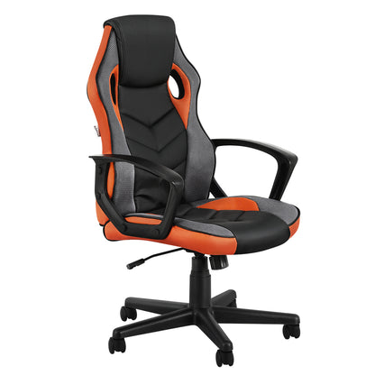 Black and orange gaming office chair with mesh back, adjustable armrests, and rolling base