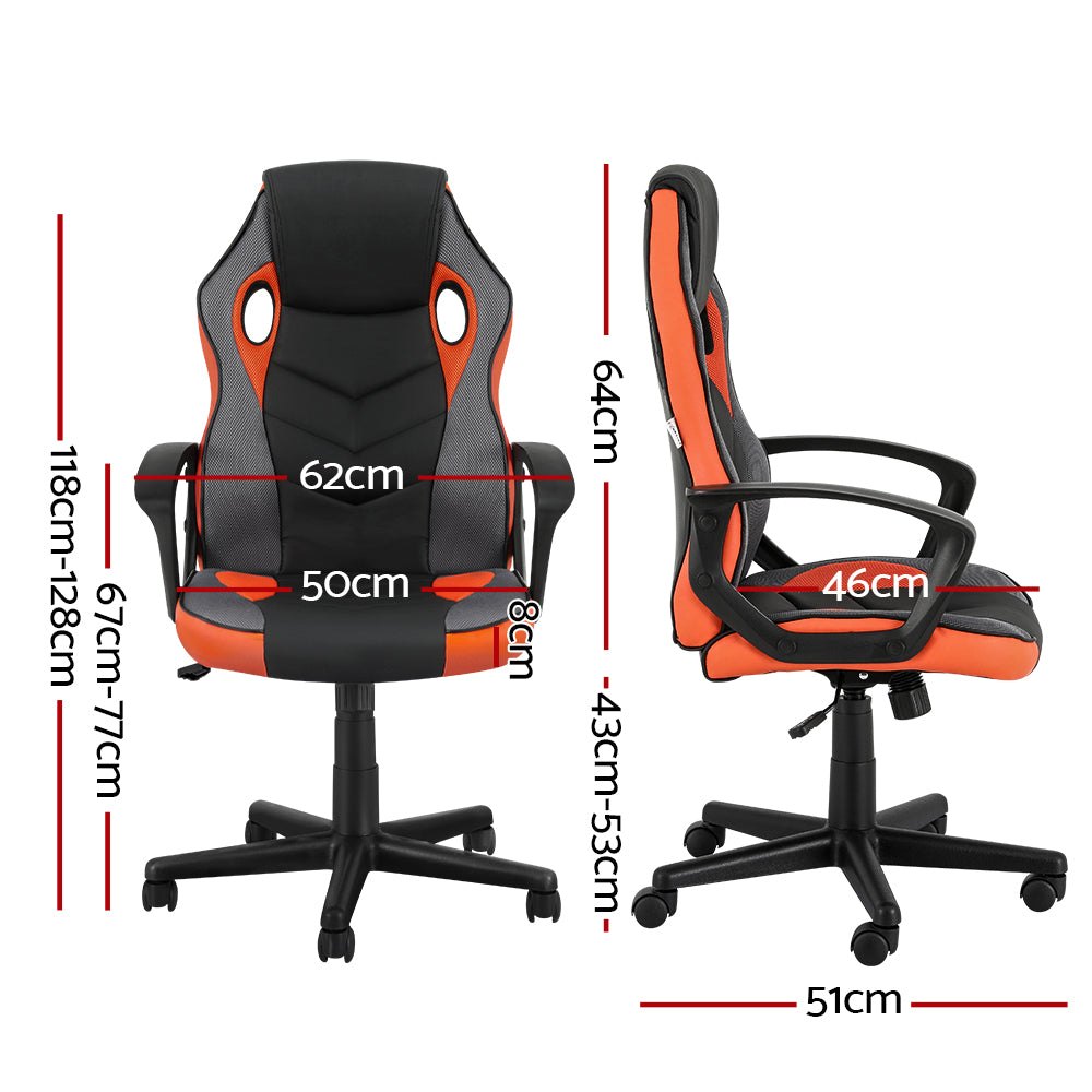 Black and orange gaming chair with dimensions, ergonomic design, and adjustable height for comfort