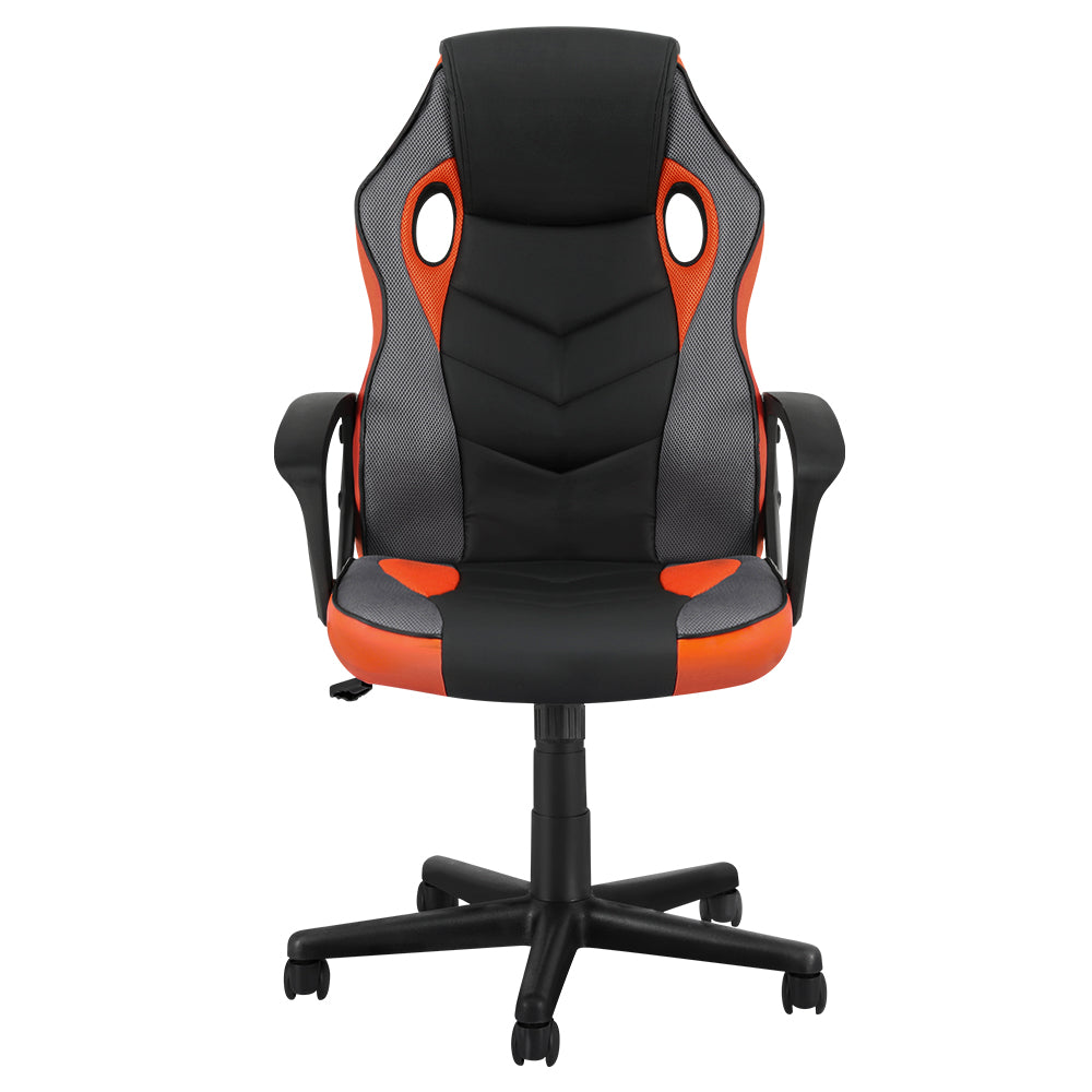 Black and orange gaming office chair with mesh back, adjustable armrests, and swivel base for ergonomic comfort