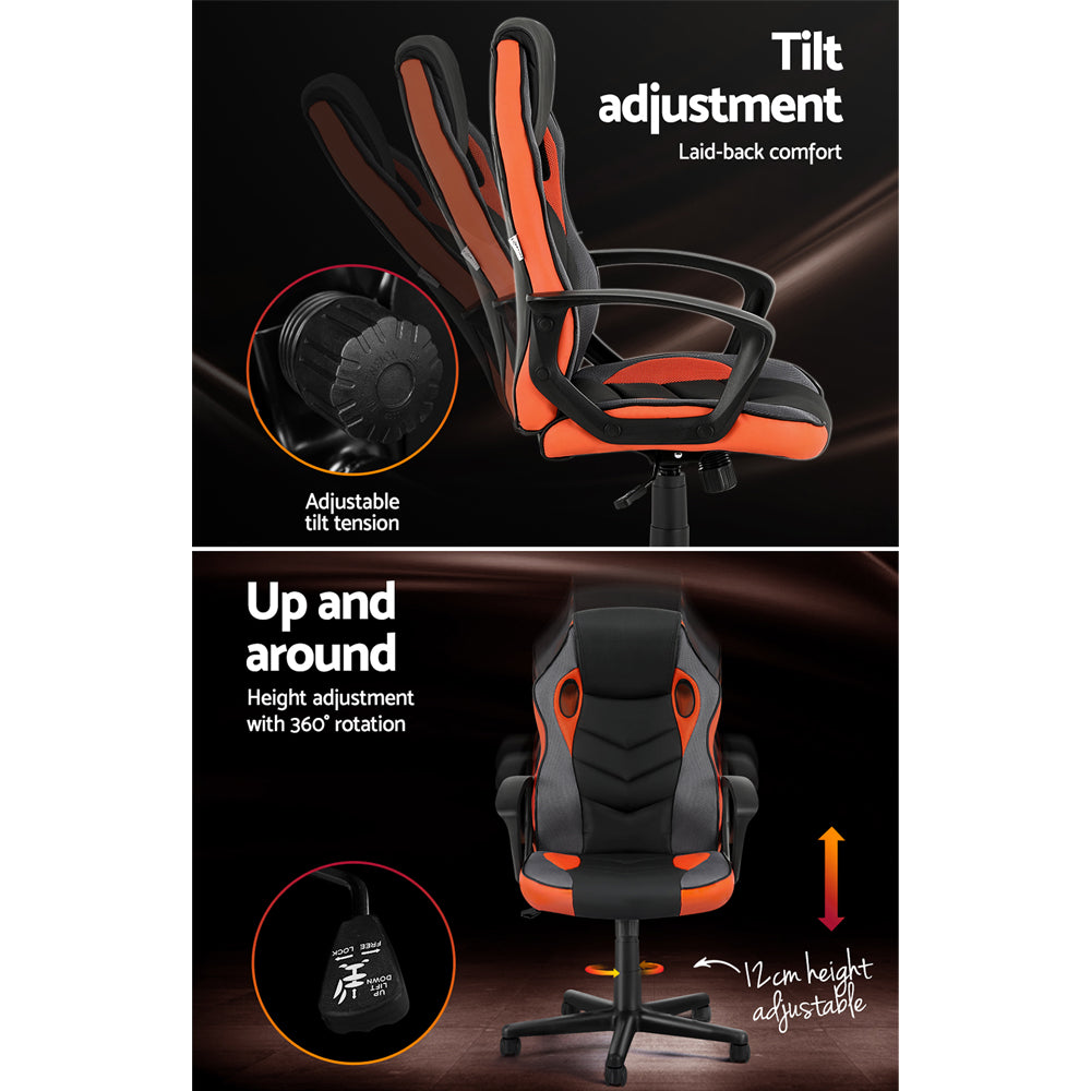 Ergonomic gaming chair with tilt and height adjustment, 360° rotation, orange and black design