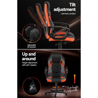 Ergonomic gaming chair with tilt and height adjustment, 360° rotation, orange and black design