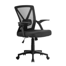 Black mesh office chair with adjustable armrests and swivel base for ergonomic desk seating