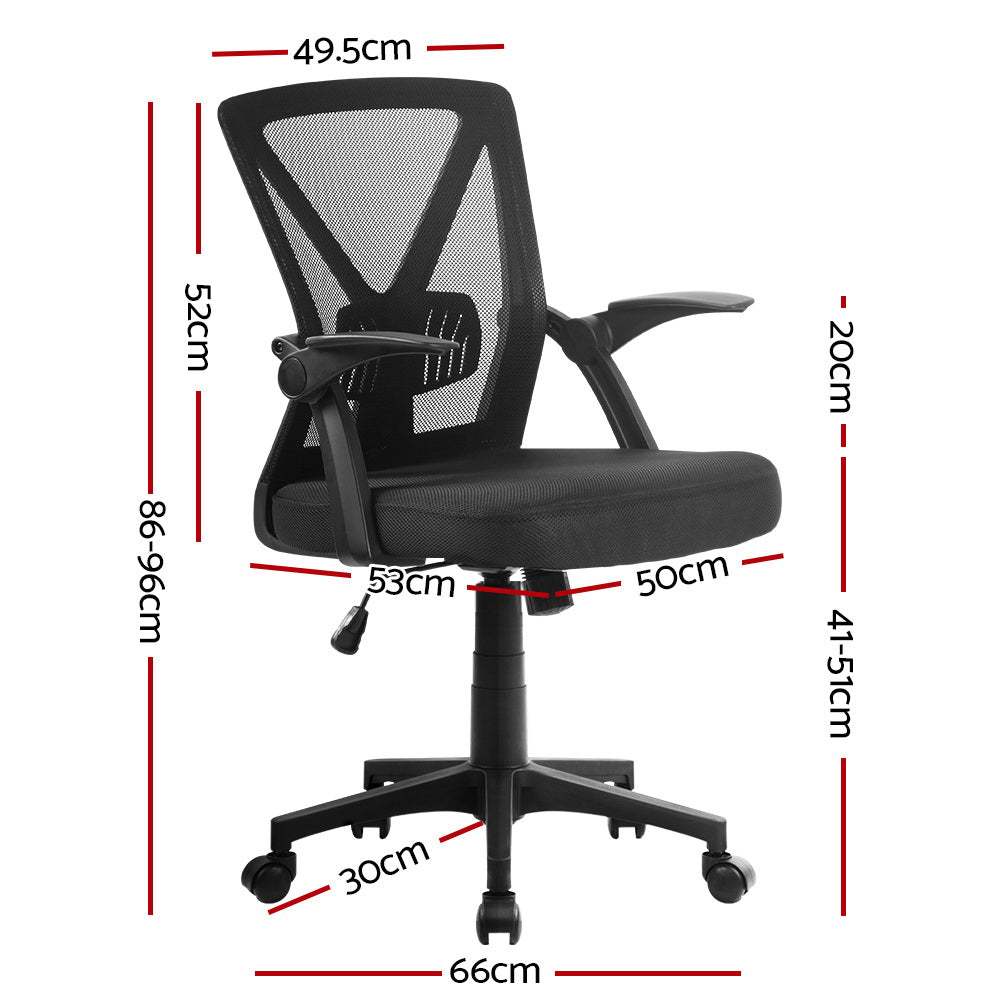 Black mesh office chair with adjustable height, armrests, and wheels, dimensions shown for ergonomic desk setup.