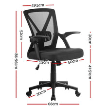Black mesh office chair with adjustable height, armrests, and wheels, dimensions shown for ergonomic desk setup.