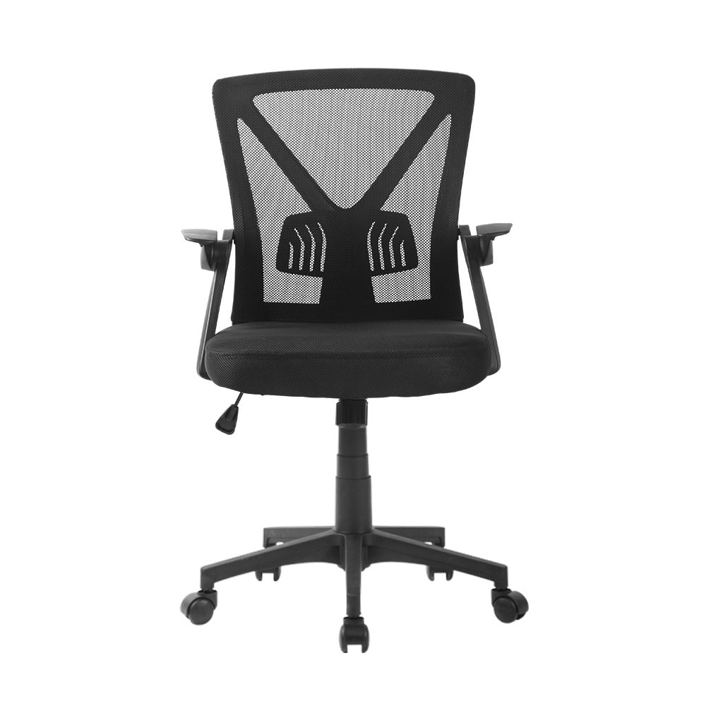 Black mesh office chair with adjustable armrests and rolling casters