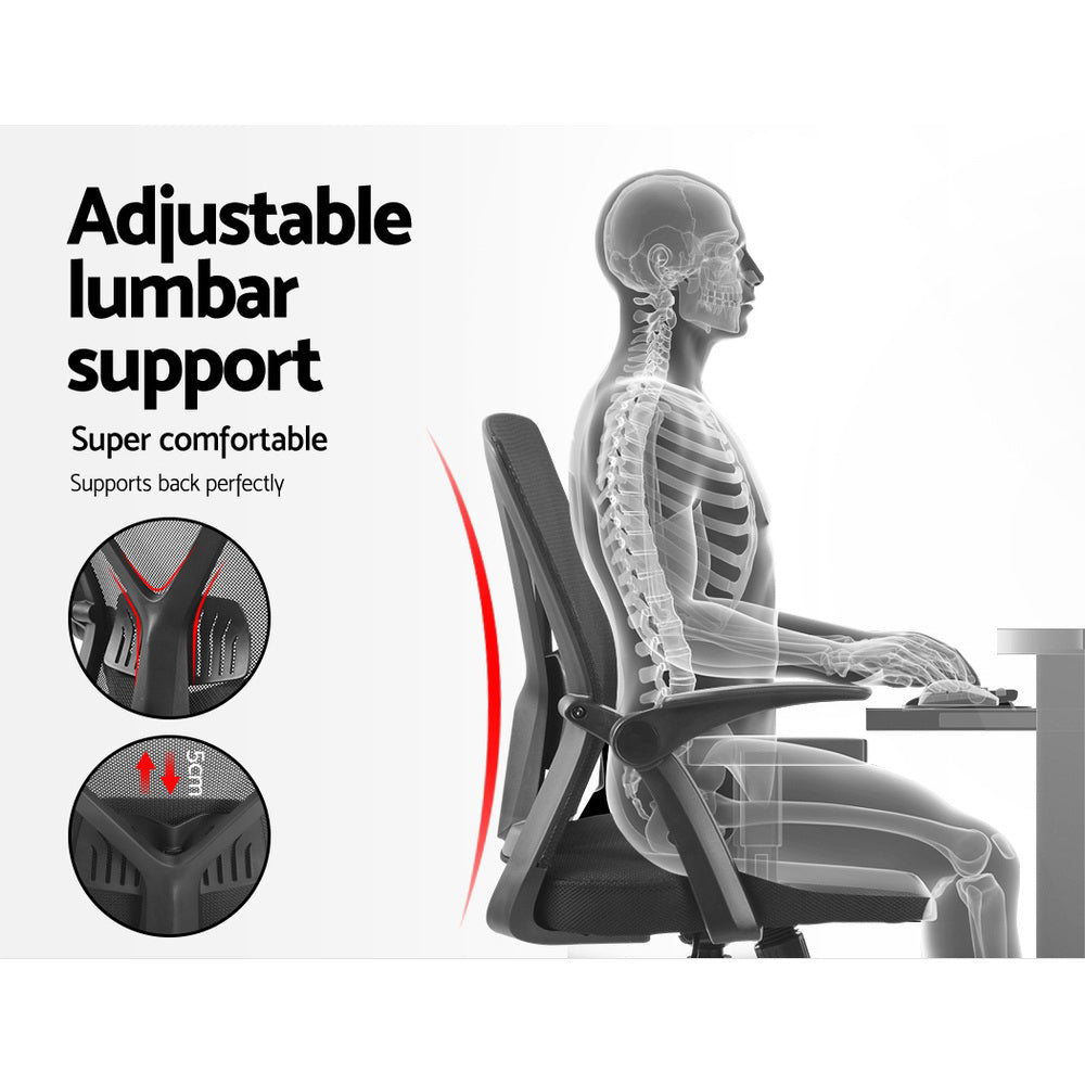 Ergonomic office chair with adjustable lumbar support for back comfort, shown with skeleton alignment