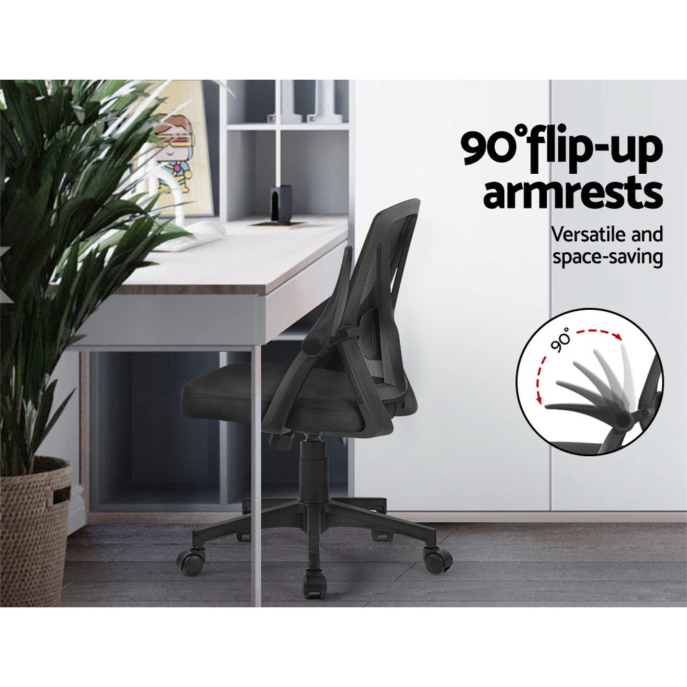Ergonomic office chair with 90° flip-up armrests for space-saving design