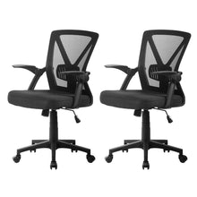 Black mesh office chairs with adjustable arms and wheels, ergonomic design for desk work