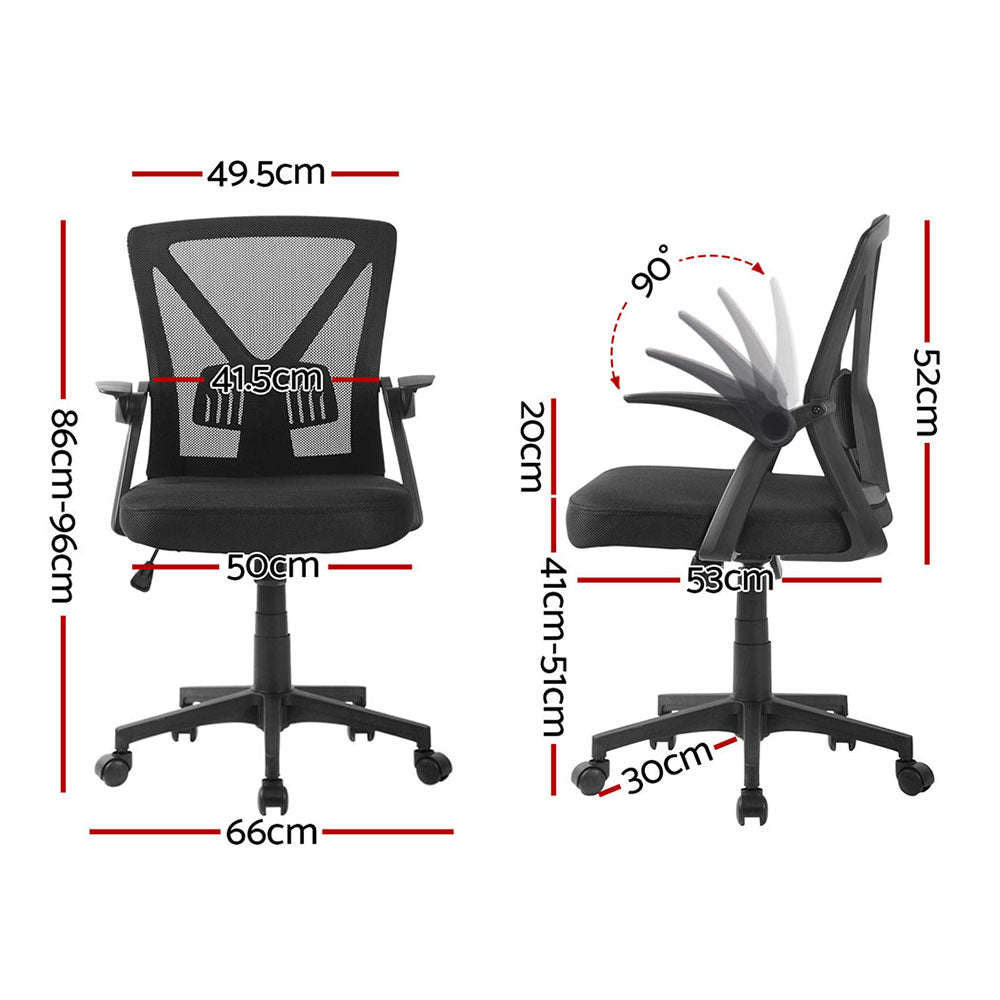 Black mesh office chair with adjustable height and 90-degree tilt, ideal for ergonomic workspace setups.