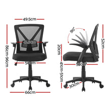 Black mesh office chair with adjustable height and 90-degree tilt, ideal for ergonomic workspace setups.