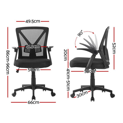 Black mesh office chair with adjustable height and 90-degree tilt, ideal for ergonomic workspace setups.