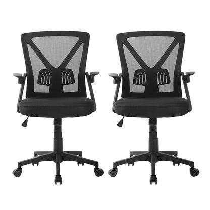 Black mesh office chairs with adjustable arms and wheels, ideal for home or workspace comfort.