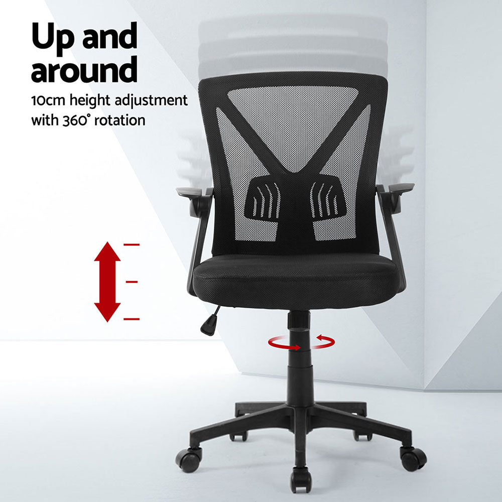 Black mesh office chair with 10cm height adjustment and 360° swivel, ergonomic design for desk use