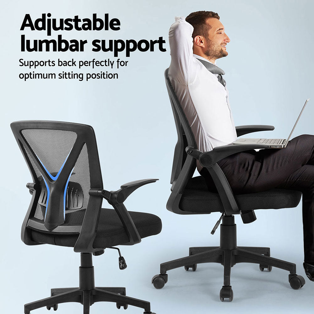 Ergonomic office chair with adjustable lumbar support, mesh back, and rolling casters for comfort