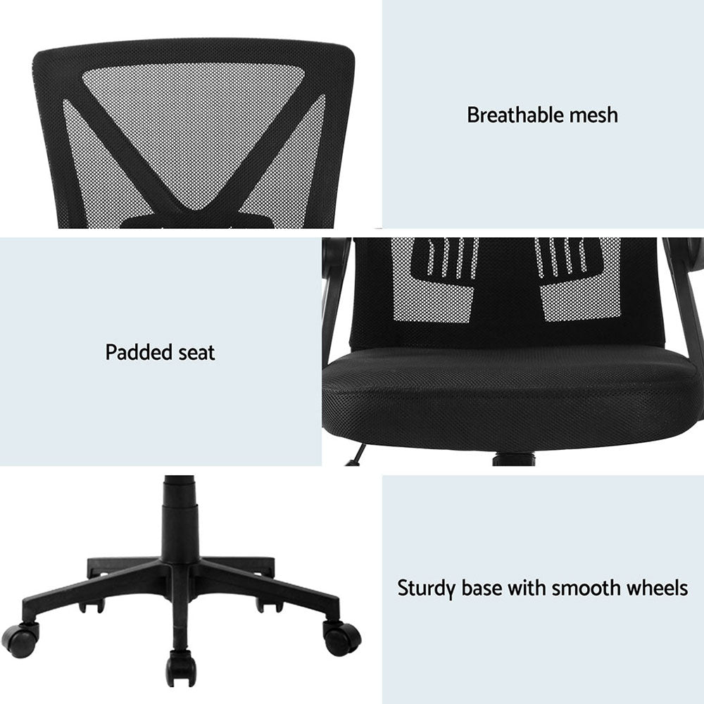 Black office chair with breathable mesh back, padded seat, and sturdy base with smooth wheels