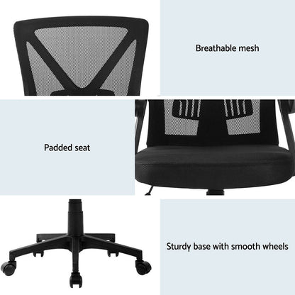 Black office chair with breathable mesh back, padded seat, and sturdy base with smooth wheels