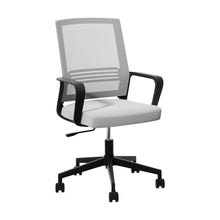 Modern mesh office chair with black frame, white cushioned seat, and 5-star base with casters for ergonomic desk use