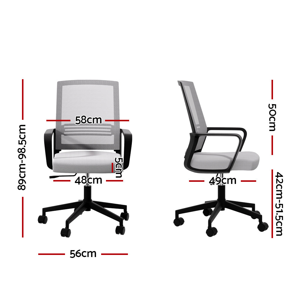 Modern mesh office chair with adjustable height, armrests, and casters, shown with dimensions for ergonomic fit.