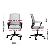 Modern mesh office chair with adjustable height, armrests, and casters, shown with dimensions for ergonomic fit.