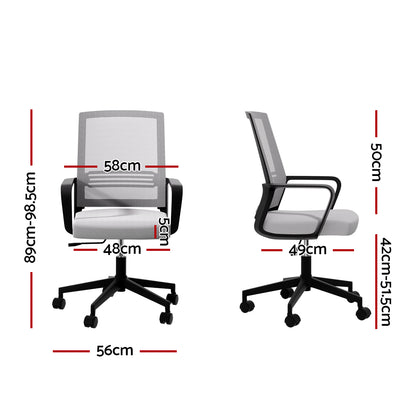 Modern mesh office chair with adjustable height, armrests, and casters, shown with dimensions for ergonomic fit.